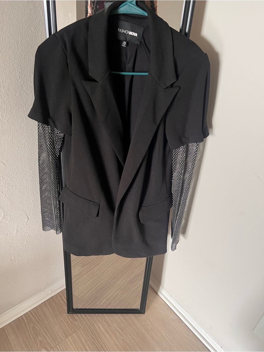 Fashion Nova Black Blazer with Sheer Polka Dot Sleeves